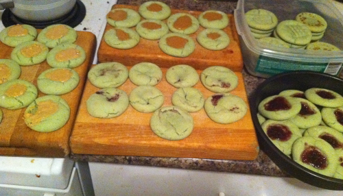 And my first foray into cookie making. Green Peanut Butters! Why green? Why not? They were mostly jelly filled. Called em PB&amp;J cookies