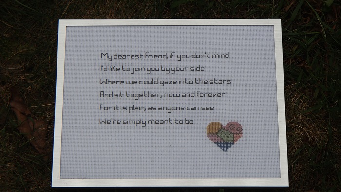 &quot;My dearest friend, if you don't mind/I'd like to join you by your side/Where we can gaze into the stars/And sit together, now and forever/For it is plain as anyone can see/We're simply meant to be&quot;